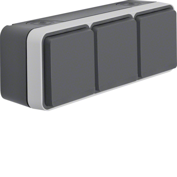 Berker 47733515 Schuko-Steckdose 3-fach waagerecht mit Klappdeckel AP W.1 grau