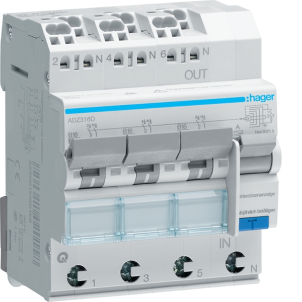 Hager ADZ316D FI/LS Fehlerstrom-Leitungsschutzschalter 3X 1P+N 6kA B-16A 30mA Typ A QuickConnect