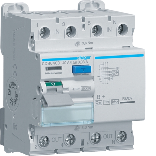 Hager CDB640D FI-Schutzschalter Fehlerstromschutzschalter 4-polig 10kA 40A 30mA Typ B+