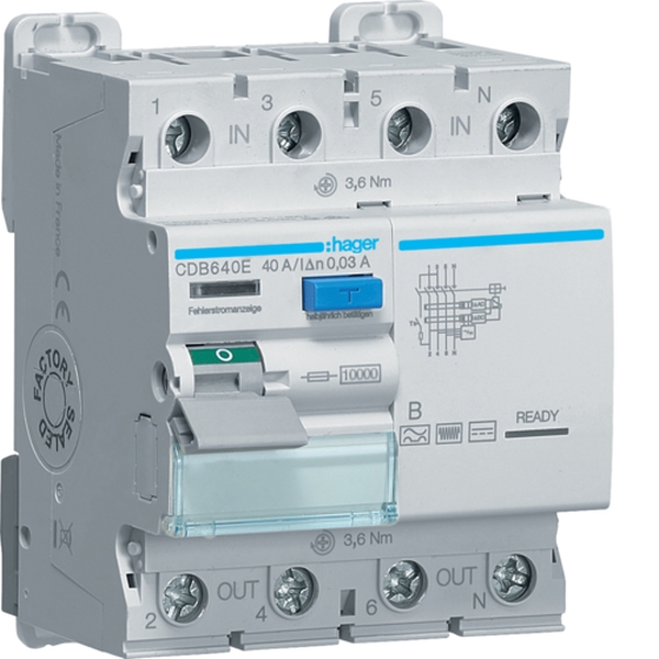 Hager CDB640E FI-Schutzschalter Fehlerstromschutzschalter 4-polig 10kA 40A 30mA Typ B