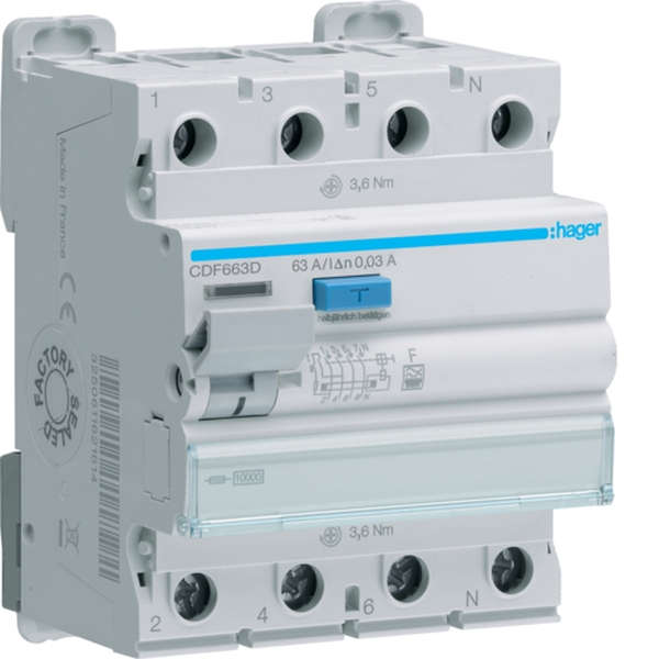 Hager CDF663D FI-Schutzschalter Fehlerstromschutzschalter 4-polig 10kA 63A 30mA Typ F
