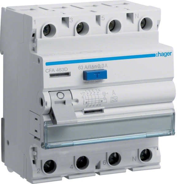Hager CFA463D FI-Schutzschalter Fehlerstromschutzschalter 4-polig 6kA 63A 300mA Typ A