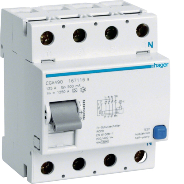 Hager CGA490 FI-Schutzschalter Fehlerstromschutzschalter 4-polig 10kA 125A 500mA Typ A