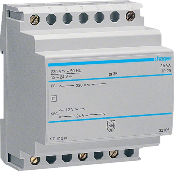 Hager ST312 Sicherheitstrafo 230V / 12V und 24V 25VA 4PLE