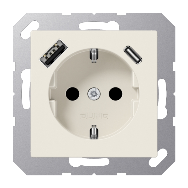 Jung A1520-15CA SCHUKO Steckdose 16A 250V mit USB-Ladegerät 1xTypA + 1xTyp C integrierter erhöhter Berührungsschutz SAFETY+ Serie AS cremeweiß