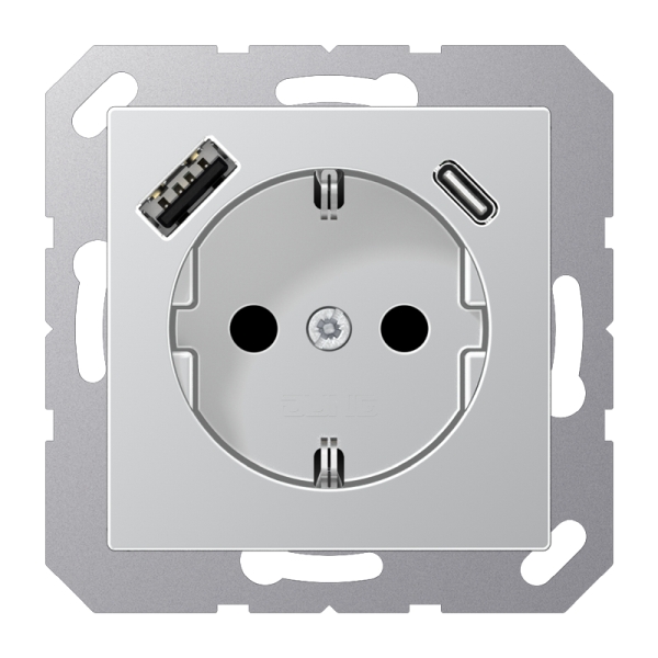 Jung A1520-15CAAL SCHUKO Steckdose 16A 250V mit USB-Ladegerät 1xTypA + 1xTyp C integrierter erhöhter Berührungsschutz SAFETY+ Serie A aluminium