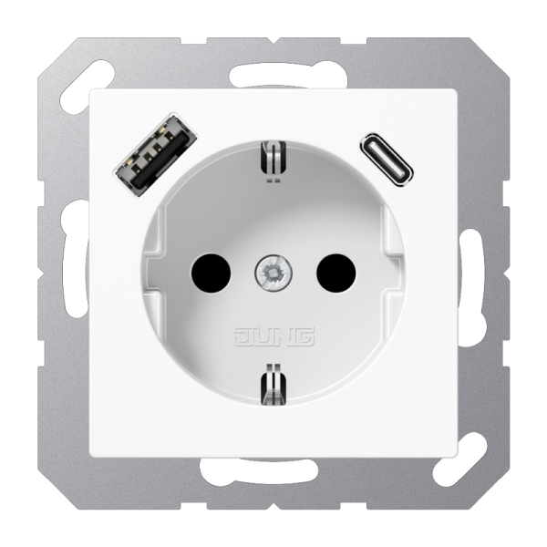 Jung A1520-15CAWW SCHUKO Steckdose 16A 250V mit USB-Ladegerät 1xTypA + 1xTyp C integrierter erhöhter Berührungsschutz SAFETY+ Serie AS/A alpinweiß