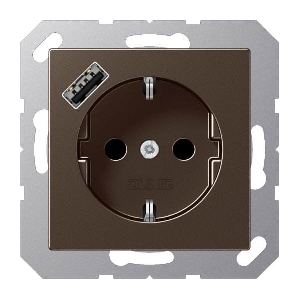 Jung A1520-18AMO SCHUKO Steckdose 16A 250V mit USB-Ladegerät 1xTyp A integrierter erhöhter Berührungsschutz SAFETY+ Serie A mokka