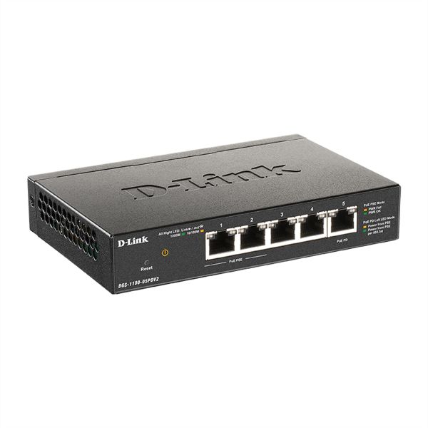 D-Link DGS-1100-05PDV2 5-Port Smart Gigabit Switch PoE-powered PoE