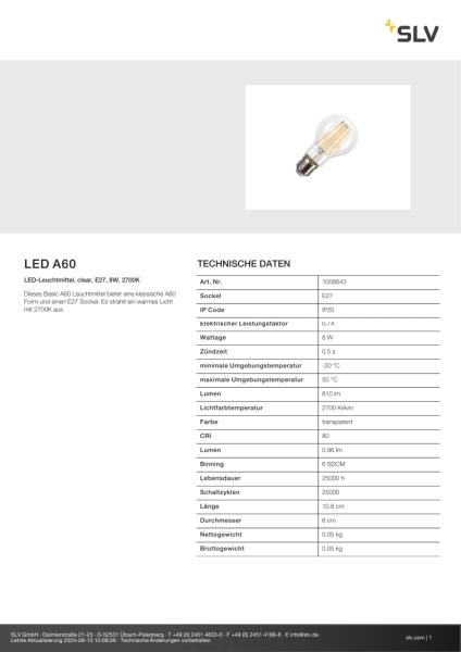 SLV 1008643 LED A60, LED-Leuchtmittel, clear filament, E27, 8 W, 2700 K
