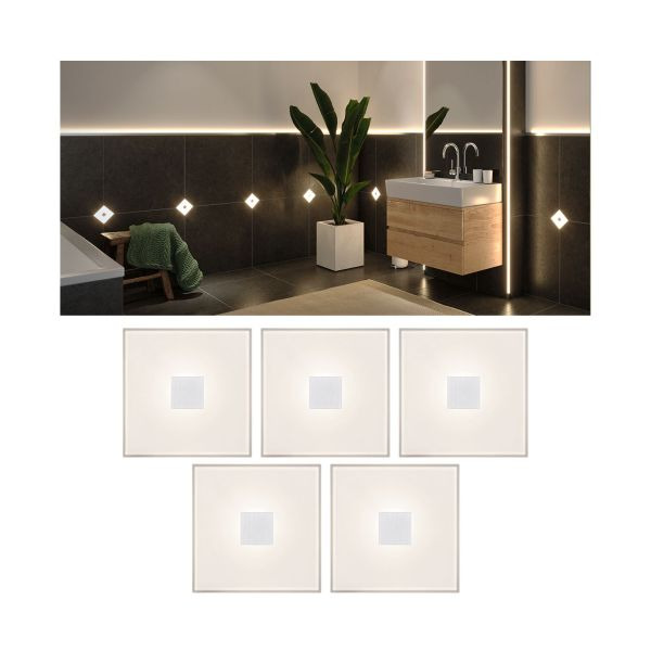 Paulmann 784.02 LumiTiles LED Fliesen Square 5er-Set IP44 100x10mm 5x20lm 230/12V 5x0,8W 2700K Weiß Kunststoff#Aluminium