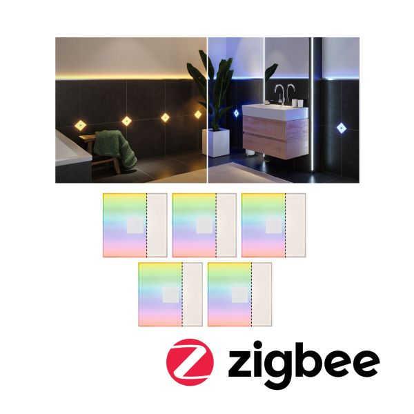 Paulmann 784.13 LumiTiles LED Fliesen Smart Home Zigbee 3.0 Square 5er-Set IP44 100x10mm 5x12lm 230/12V 5x0,8W dimmbar RGBW+ Weiß Kunststoff#Aluminium