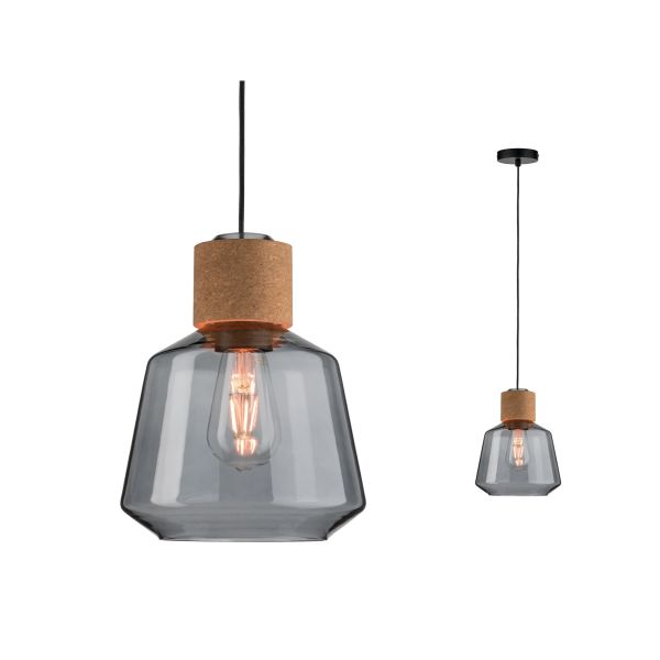 Paulmann 797.39 Neordic Pendelleuchte Elia E27 max. 20W Rauchglas#Kork#Schwarz dimmbar Glas#Kork#Metall