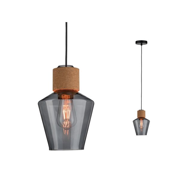 Paulmann 797.40 Neordic Pendelleuchte Edla E27 max. 20W Rauchglas#Kork#Schwarz dimmbar Glas#Kork#Metall