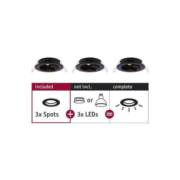 Paulmann 924.87 Einbauleuchte Choose Basisset schwenkbar rund 84mm 50° max. 3x10W 230V dimmbar Schwarz matt