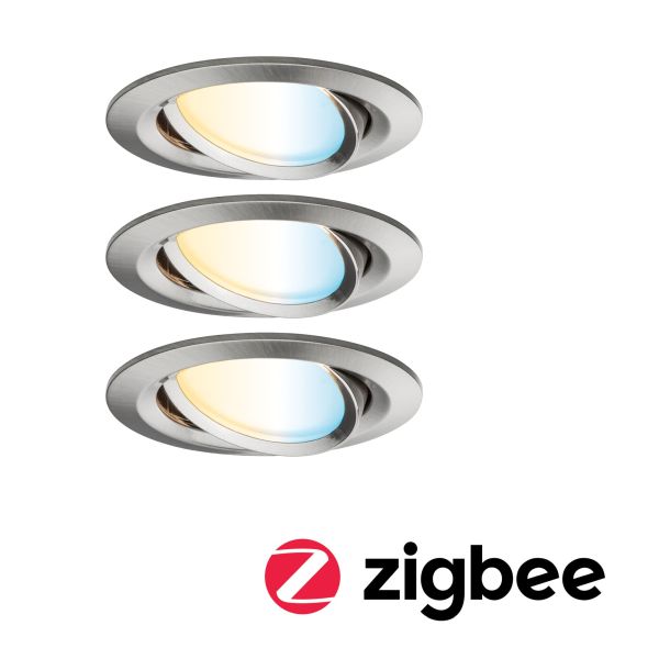 Paulmann 929.62 LED Einbauleuchte Smart Home Zigbee 3.0 Nova Plus Coin Basisset schwenkbar rund 84mm 50° Coin 3x6W 3x470lm 230V dimmbar Tunable White Eisen gebürstet