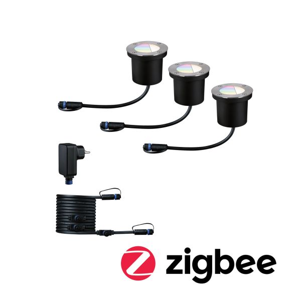 Paulmann 942.75 Plug & Shine LED Bodeneinbauleuchte Smart Home Zigbee 3.0 RGBW Basisset IP67 RGBW+ 3x3,7W Silber