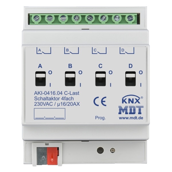MDT AKI-0416.04 KNX Schaltaktor 4-fach 4TE REG 16/20 A 230 V AC C-Last Industrie 200 µF