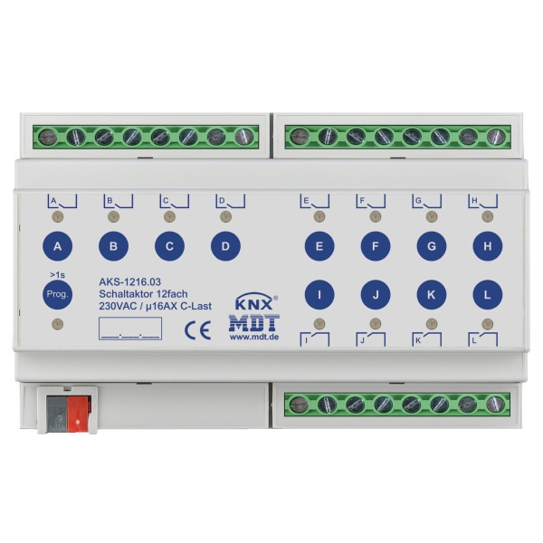 MDT AKS-1216.03 KNX Schaltaktor 12-fach 8TE REG 16 A 230 V AC C-Last Standard 140 µF