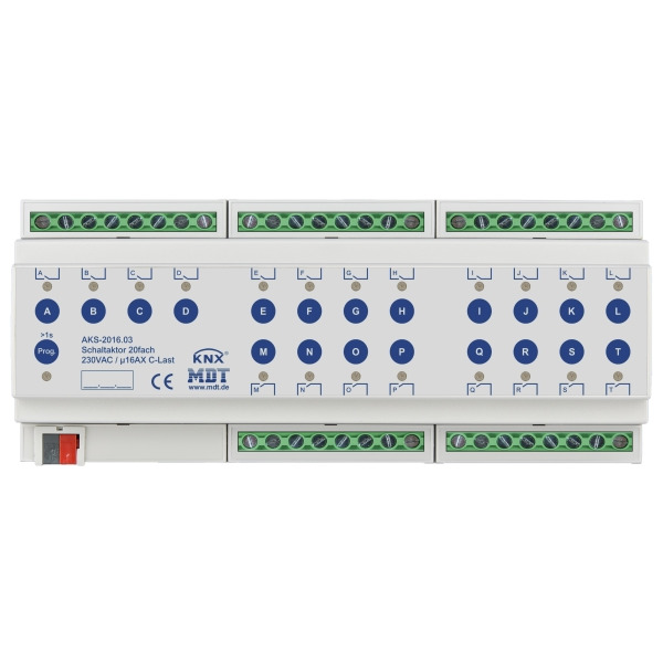 MDT AKS-2016.03 KNX Schaltaktor 20-fach 12TE REG 16 A 230 V AC C-Last Standard 140 µF