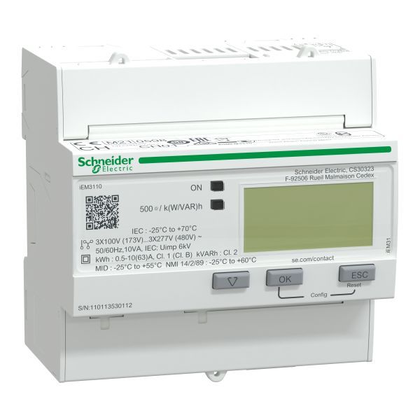 Schneider A9MEM3110 Energiezähler iEM3110, 3-phasig, 63A, mit Teilzähler, S0-Impuls, MID konform, Genauigkeitsklasse 1