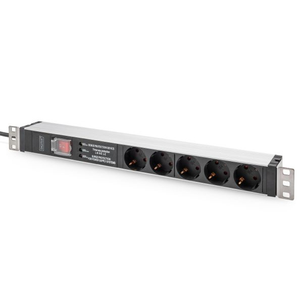 Digitus DN-95433 Steckdosenleiste mit Aluminiumprofil und Schalter Überspannungsschutz integrierter Netzfilter 5-fach Schutzkontaktsteckdose 2 m Zuleitung Schutzkontaktstecker